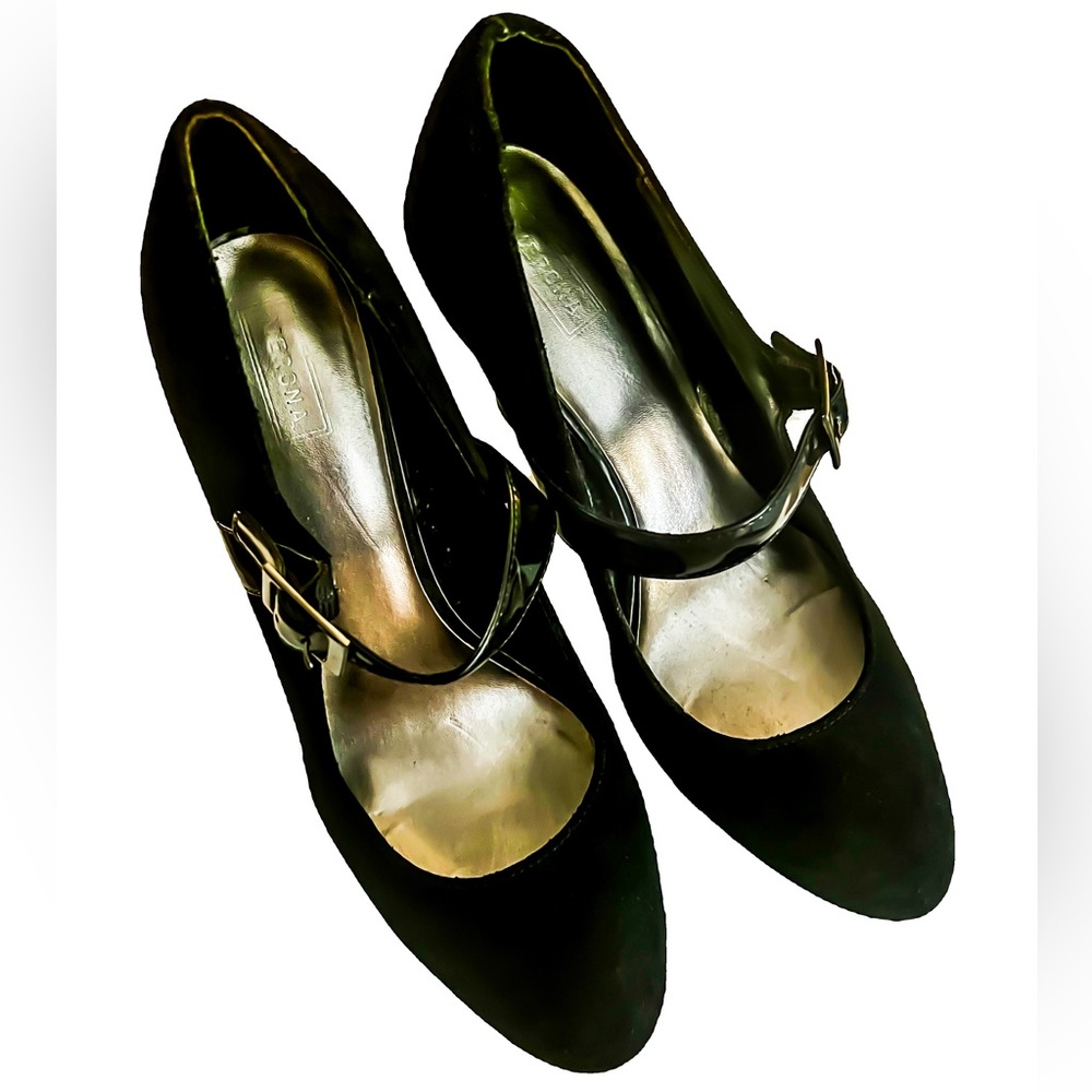 Black Suede Patent Strap Mary Jane’s